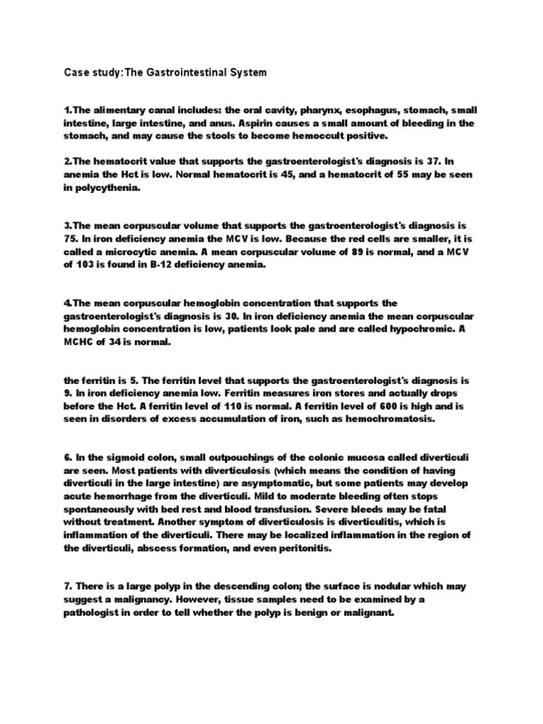 Gastrointestinal System Case Study Insights | PDF | Anemia | Medical ...