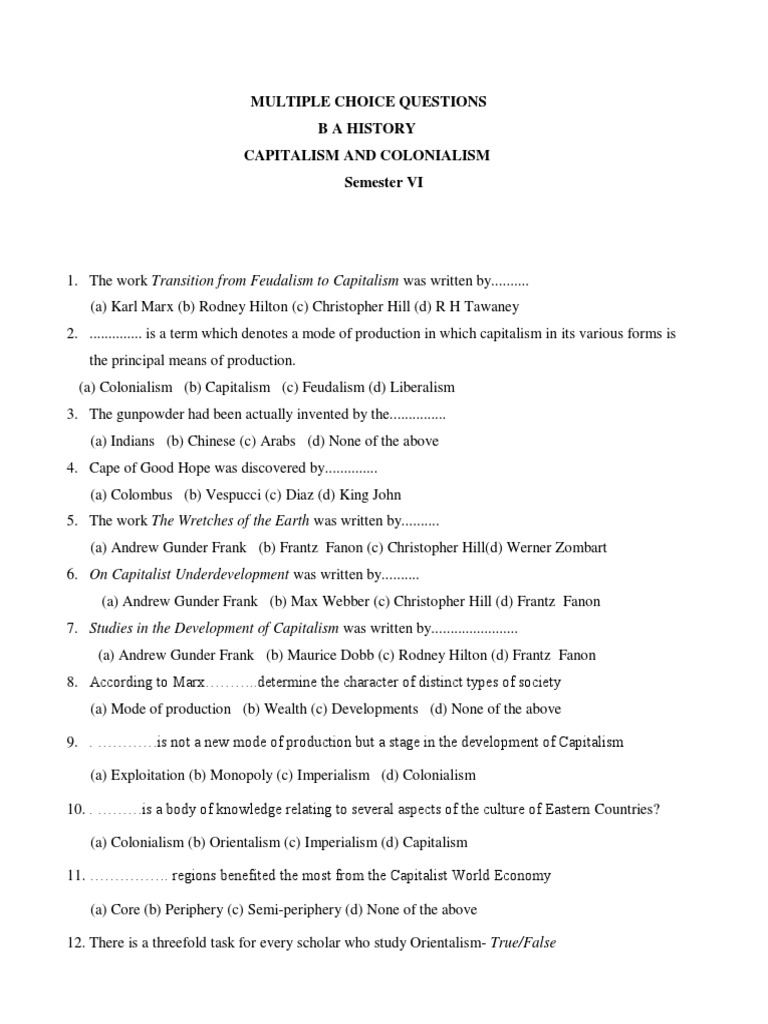 Multiple Choice Questions B A History Capitalism and Colonialism