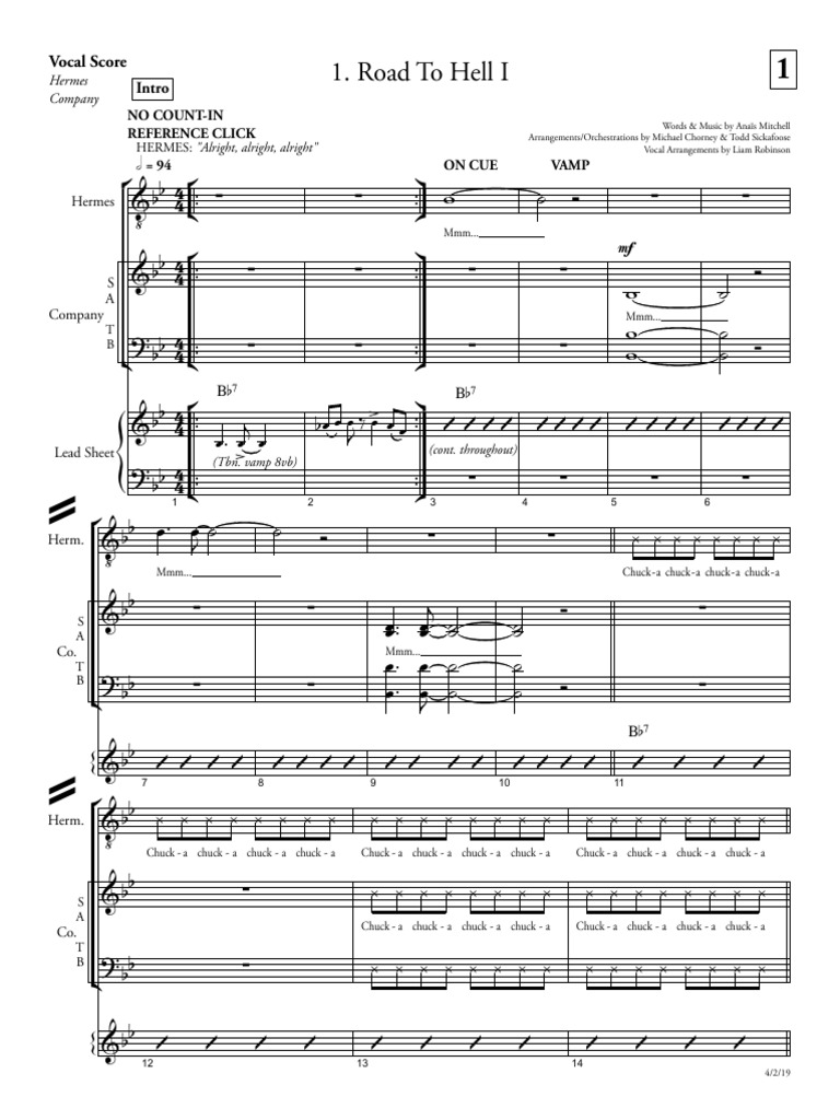 Hadestown Piano Vocal Score PDF