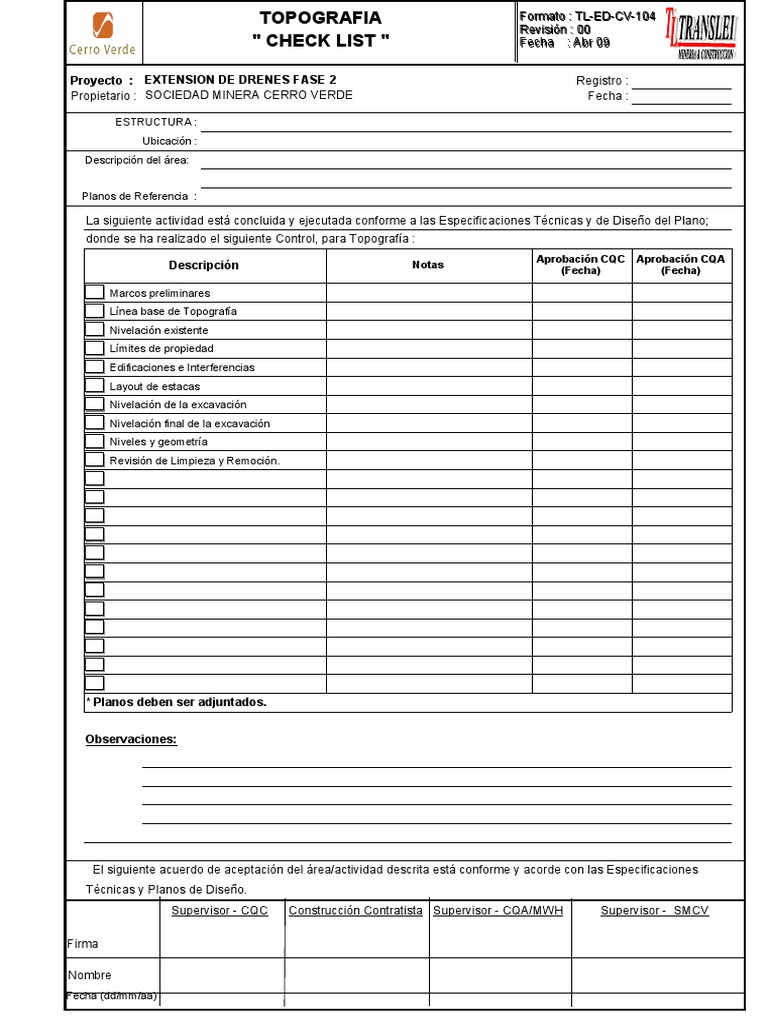 TL ED CV 104 Topografia, Check List | Descargar gratis PDF ...