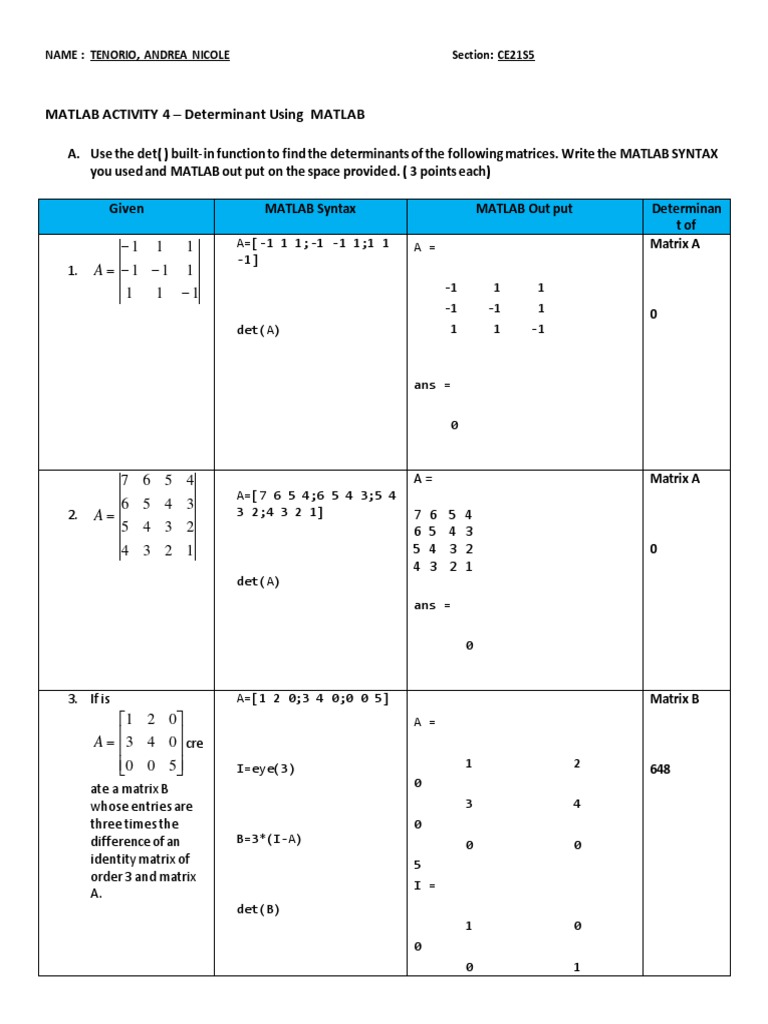 Ce21s5 - Tenorio - Matlab Activity - 4-2 | PDF | Determinant | Matrix ...