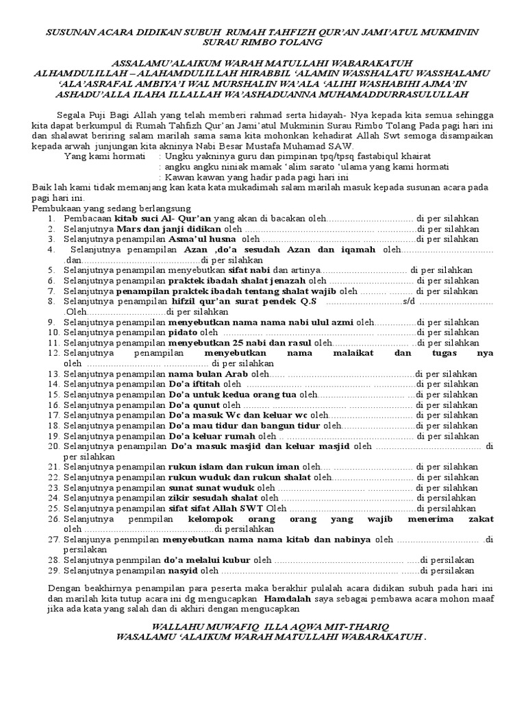 Susunan Acara Didikan Subuh TPQ | PDF