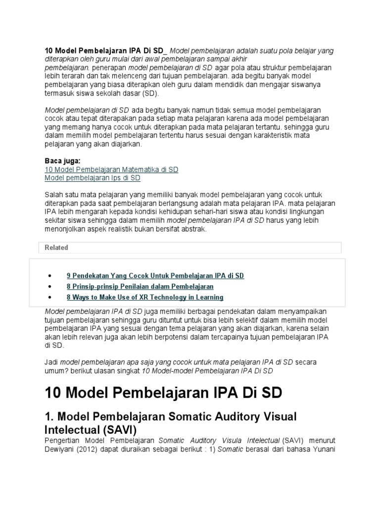 10 Model Pembelajaran IPA di SD | PDF
