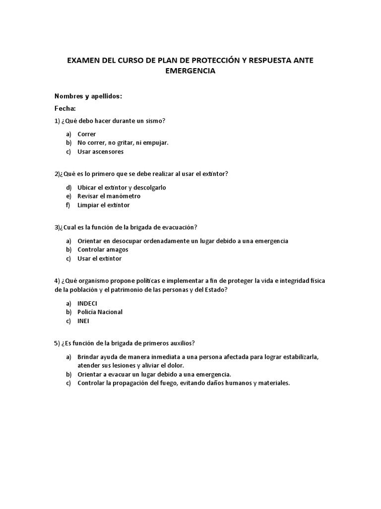 Examen de Plan de Emergencia y Respuesta | PDF