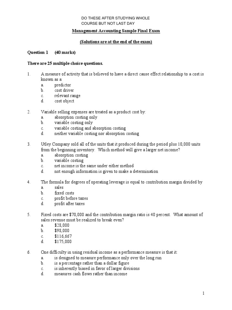 Management Accounting Sample Final Exam (Solutions Are at The End of