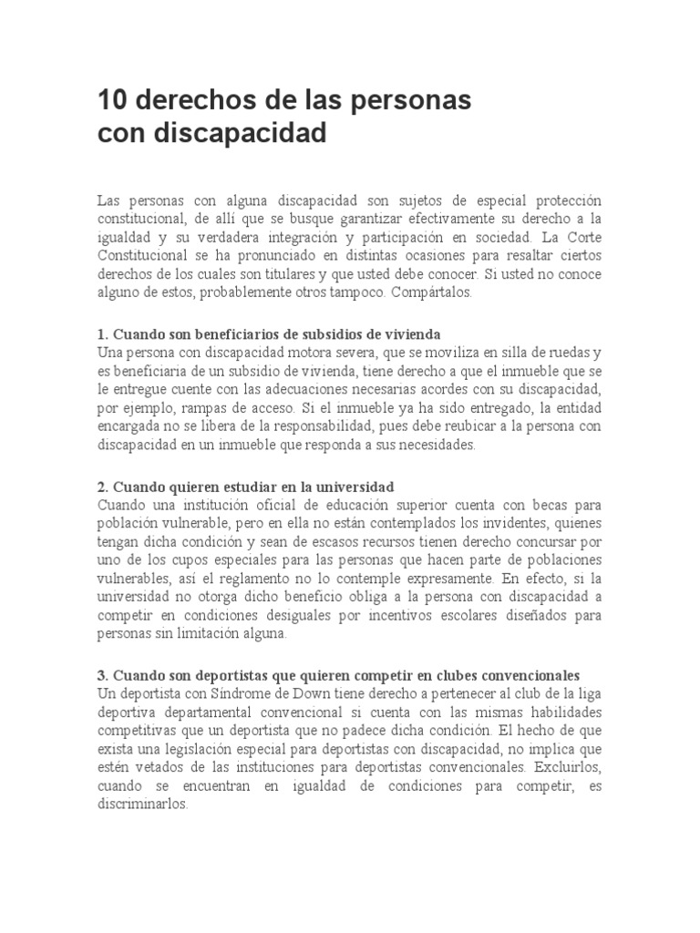 10 Derechos de Las Personas Con Discapacidad | PDF | Invalidez | Prisión