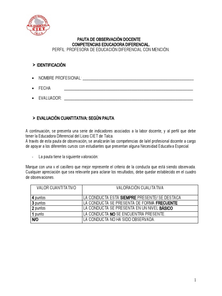 Pauta de Observación para Educadores Diferenciales | PDF | Salón de ...