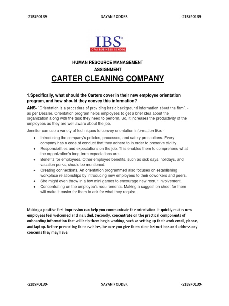 Carter Cleaning Company Human Resource Management Assignment PDF