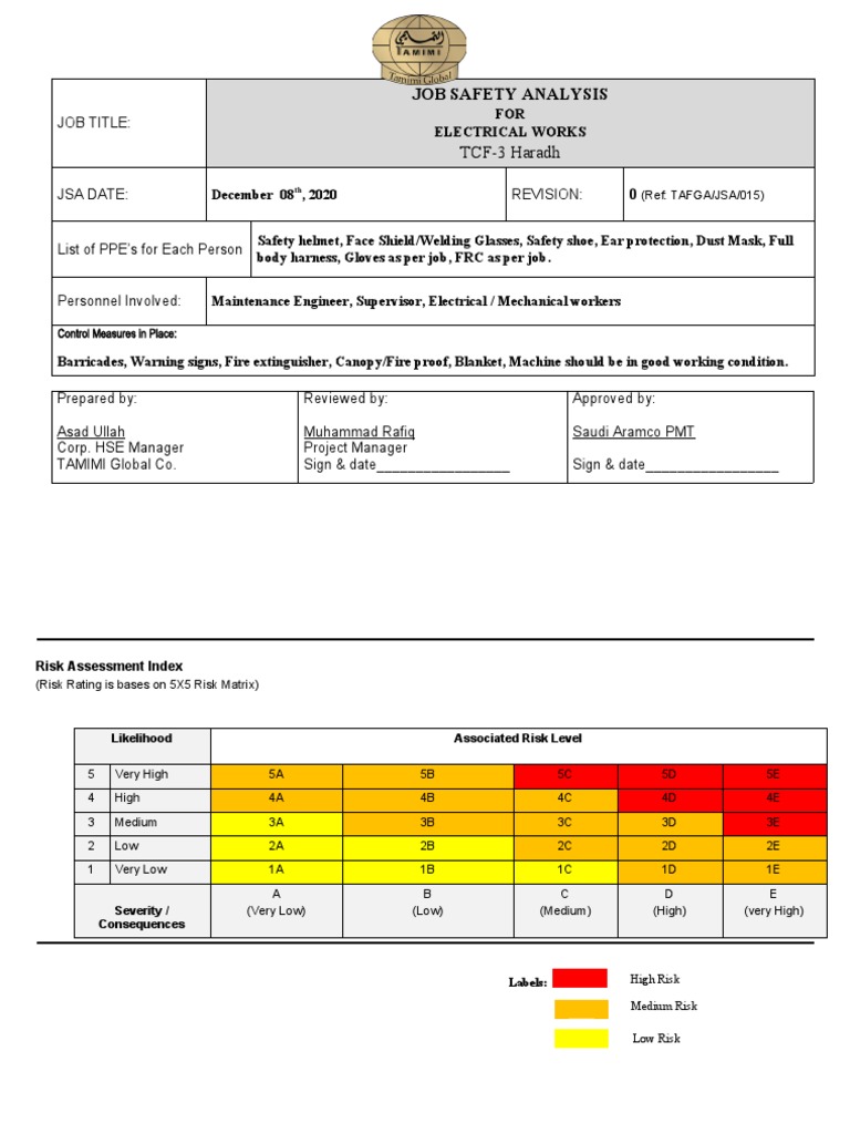 JSA For Electrical Work TCF3Haradh PDF Safety Electrical Engineering