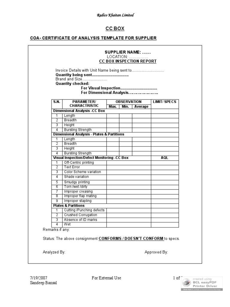CC Box - Coa Template  PDF Throughout Certificate Of Analysis Template