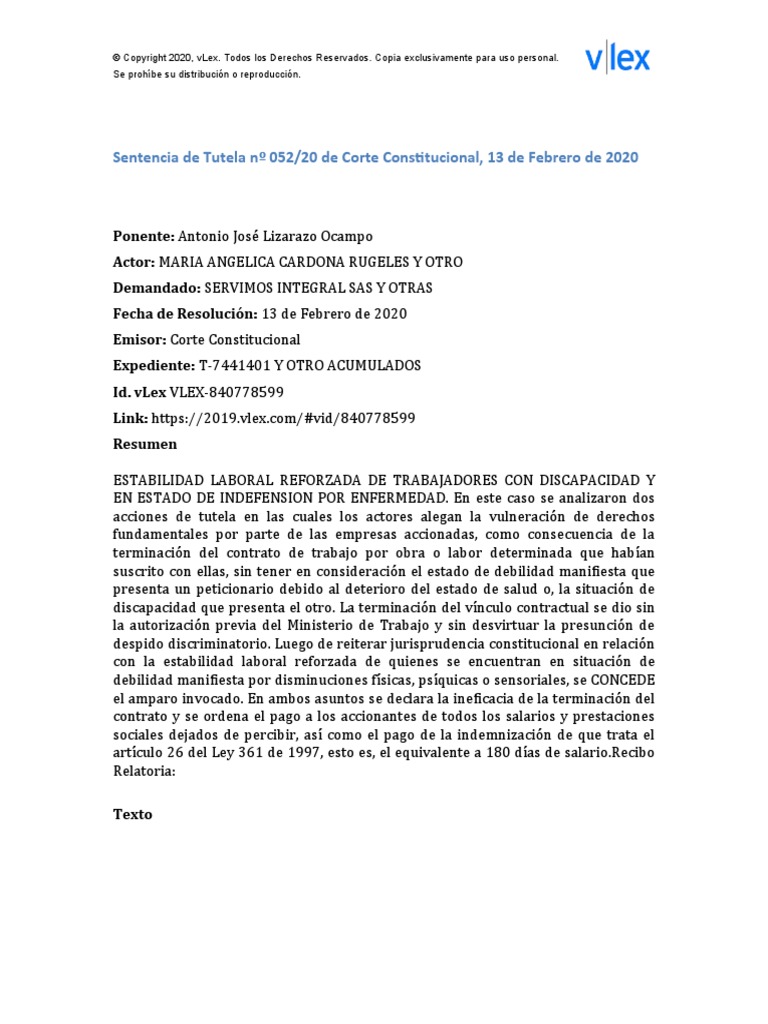 Sentencia t-052 de 2020 | PDF | Derecho Constitucional | Caso de ley