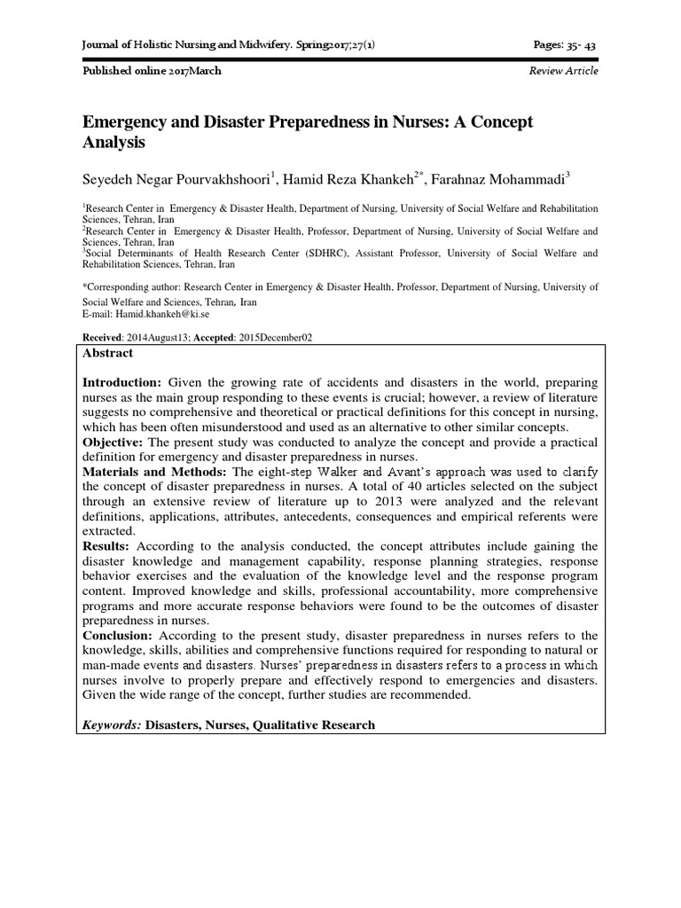 Emergency and Disaster Preparedness in Nurses A Concept Analysis PDF Emergency Management