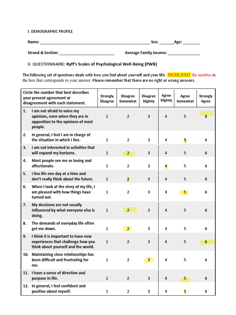 Assessment of Psychological WellBeing Results from Ryff's Scales of