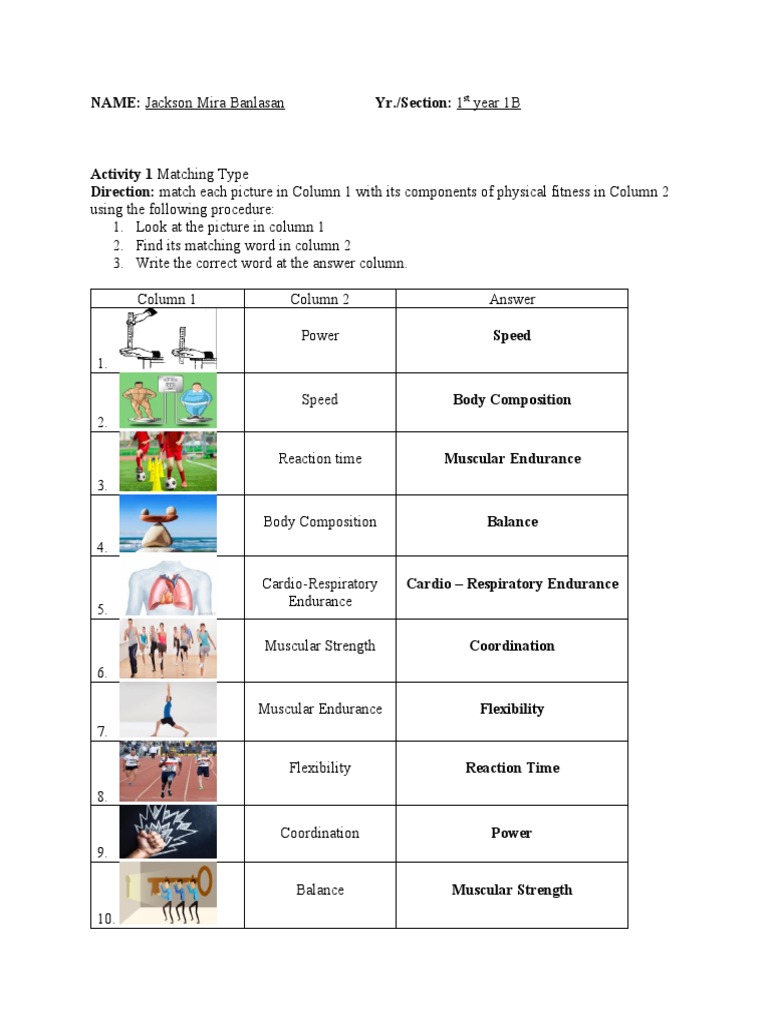 Grade 1 Physical Fitness Matching Activity | PDF | Self-Improvement