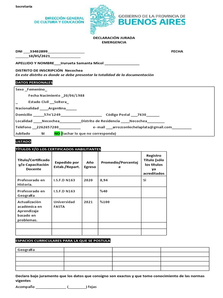 Declaración Jurada de Emergencia Docente | PDF