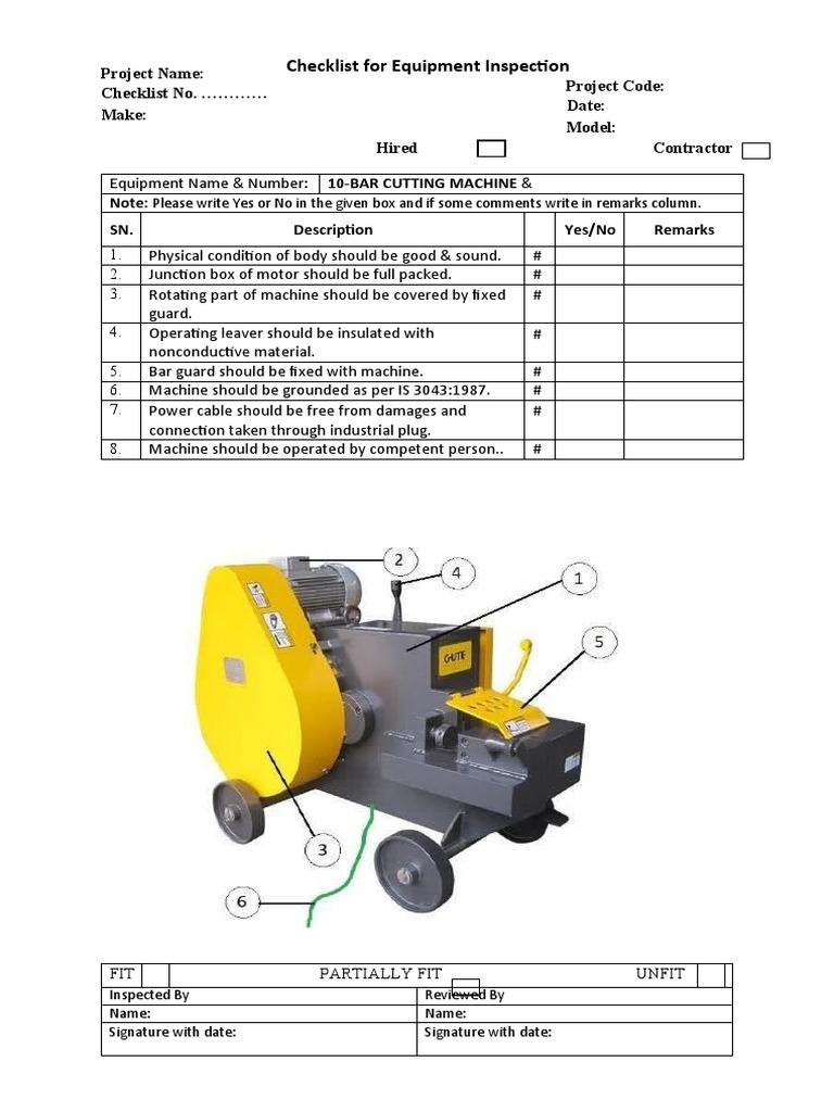 Checklist For Equipment Inspection Bar Cutting Machine PDF