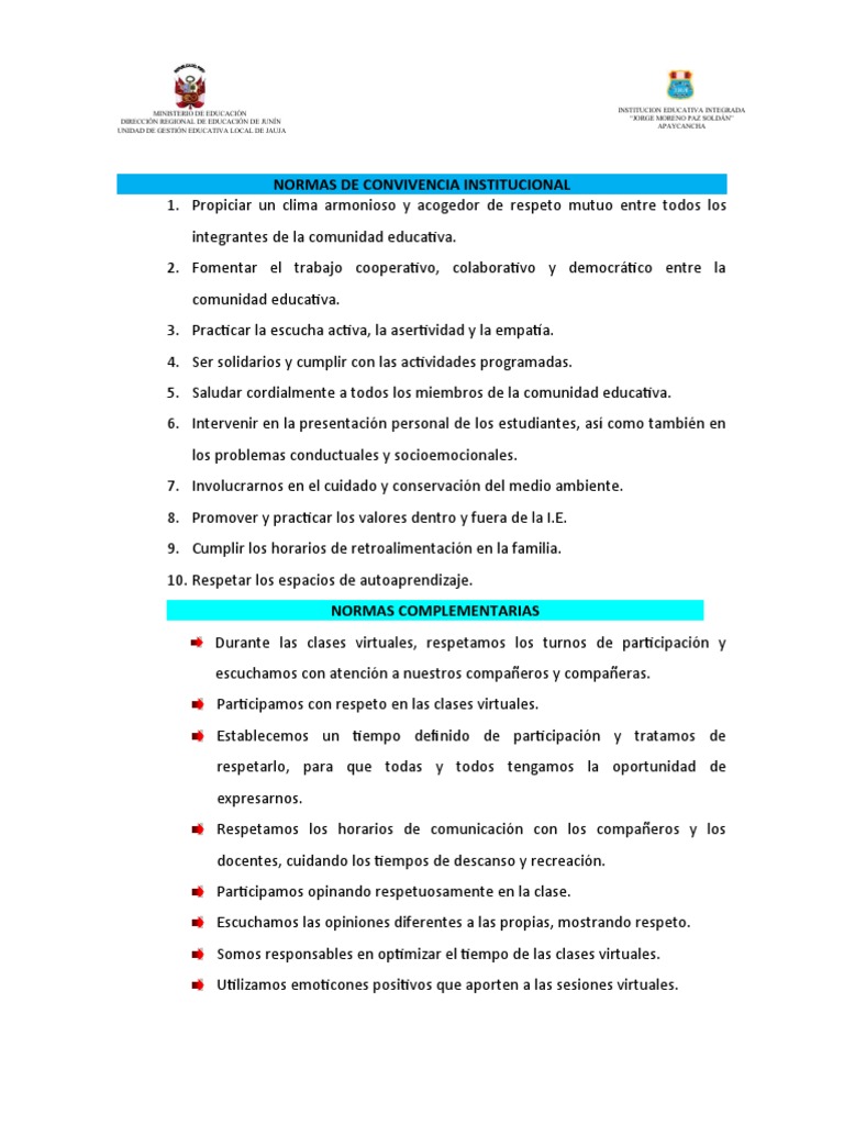 Normas de Convivencia Institucional 2025 | PDF | Salud y bienestar