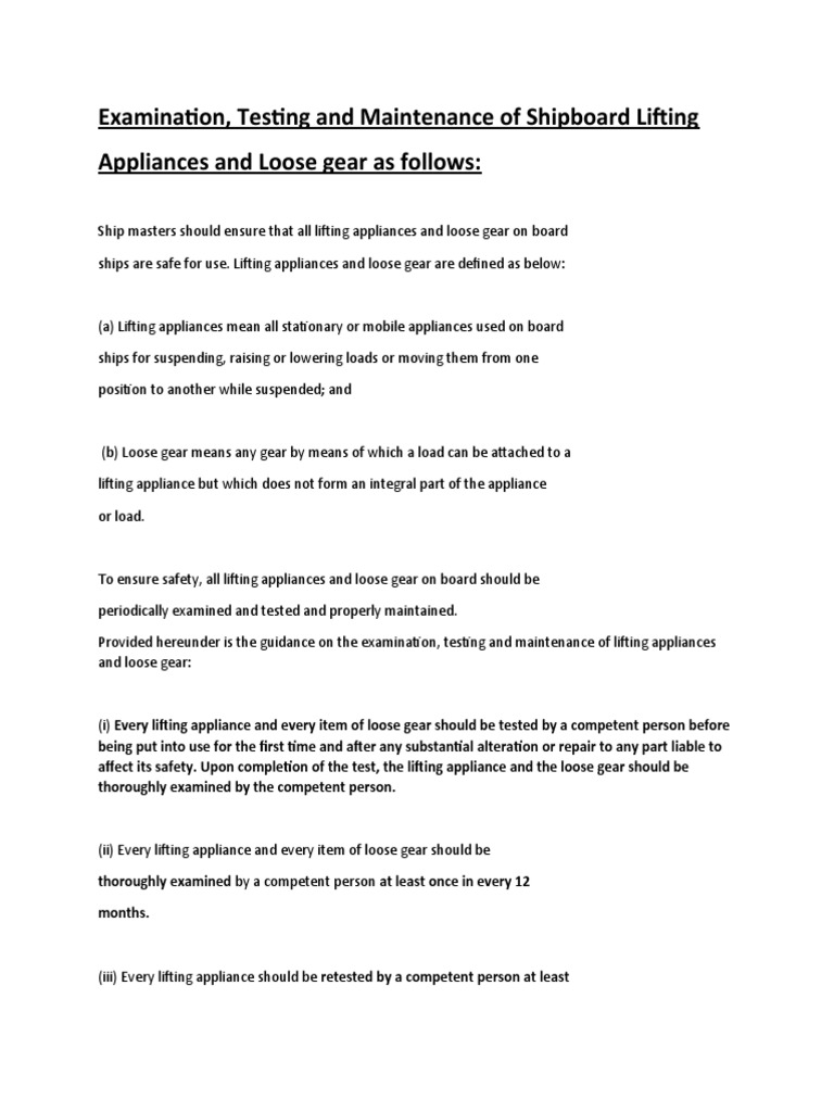 Examination, Testing and Maintenance of Shipboard Lifting Appliances