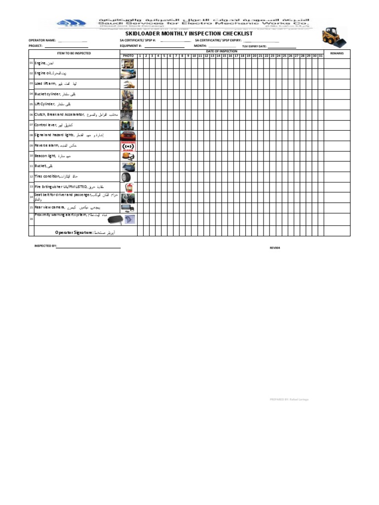 Skid Steer Monthly Inspection Checklist | PDF