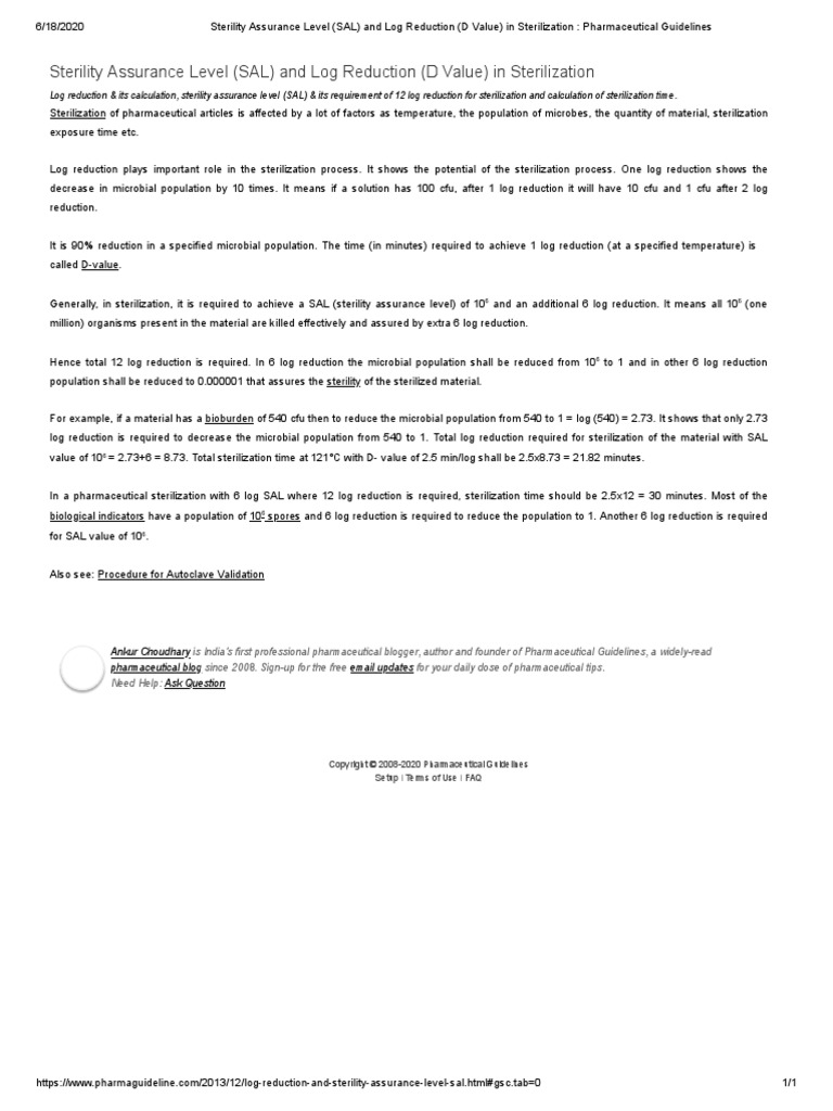 Sterility Assurance Level (SAL) and Log Reduction (D Value) in Sterilization Pharmaceutical