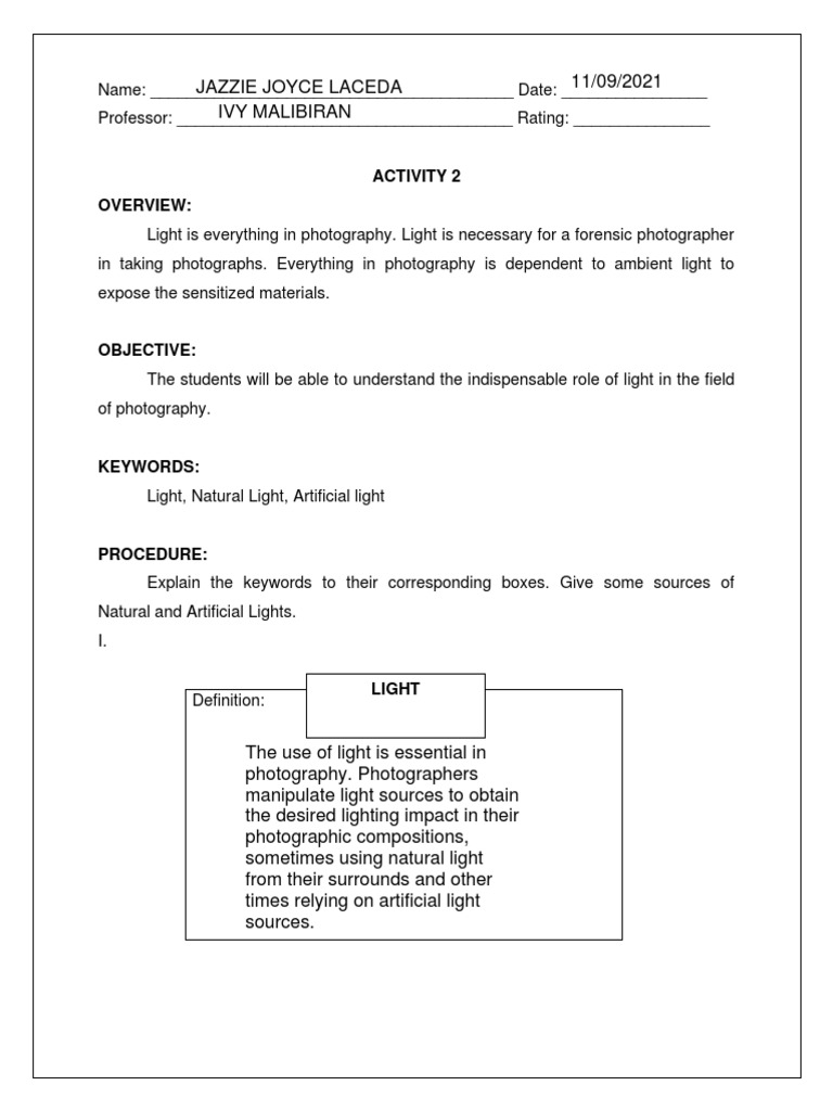 Photography Lab Manual Activity 2 PDF Light Applied And