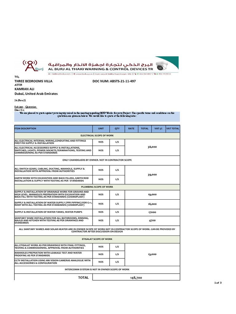 MEP Quotation for Burj Villa Project | PDF