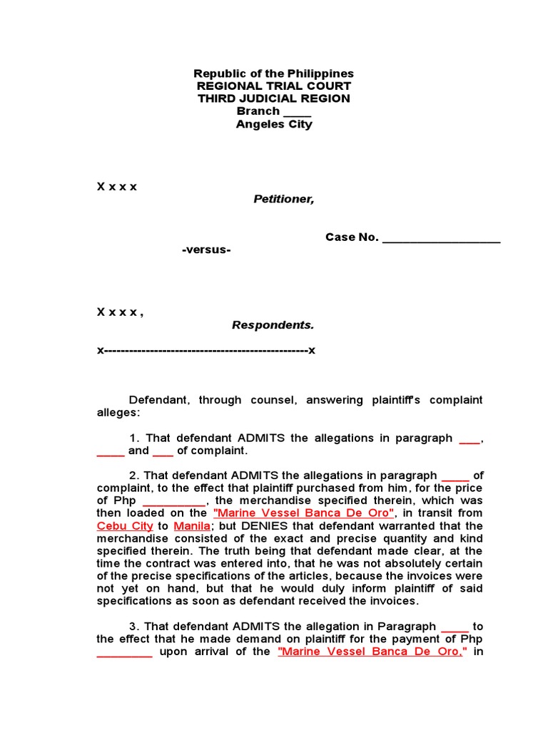 With A Specific Denial, Affirmative Defense and Counterclaim PDF