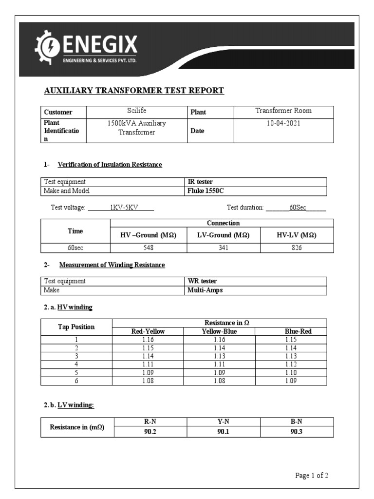 Auxiliary Transformer Test Report | PDF | Transformer | Force