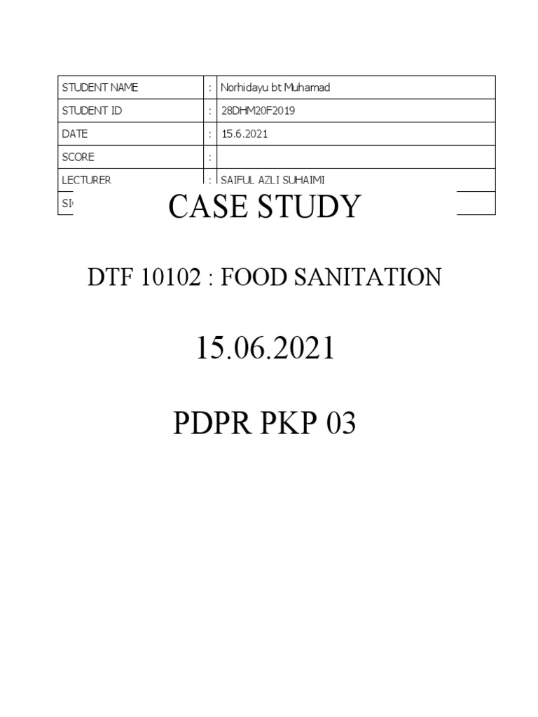 Case Study DTF 10102 Food Sanitation PDF Foods Food And Drink