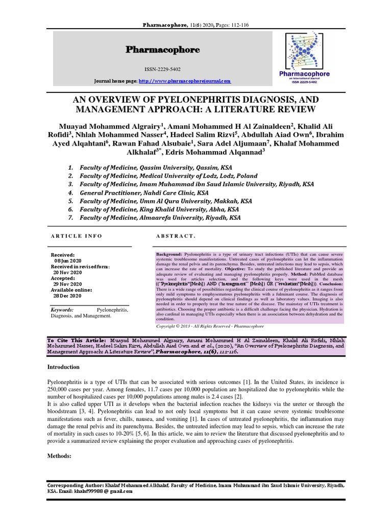 An Overview of Pyelonephritis Diagnosis, and Management Approach A Literature Review PDF