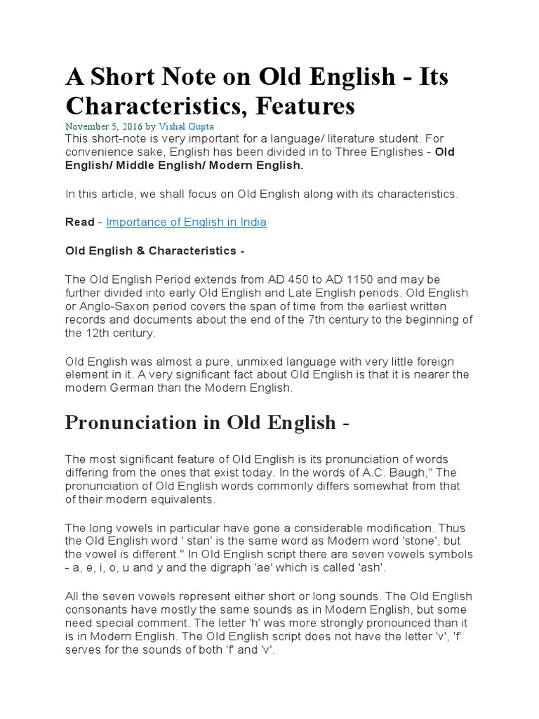 A Short Note On Old English PDF Grammatical Gender English Language