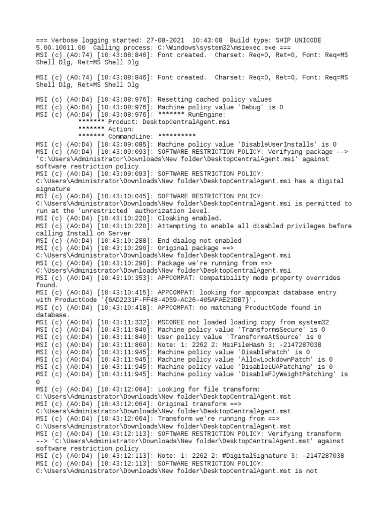 DesktopCentralAgent MSI Installation Log | PDF | Microsoft Windows ...