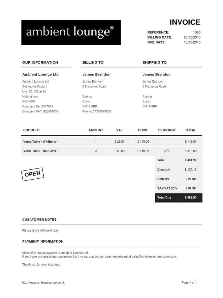 Invoice for Ambient Lounge Products | PDF | Invoice | Value Added Tax