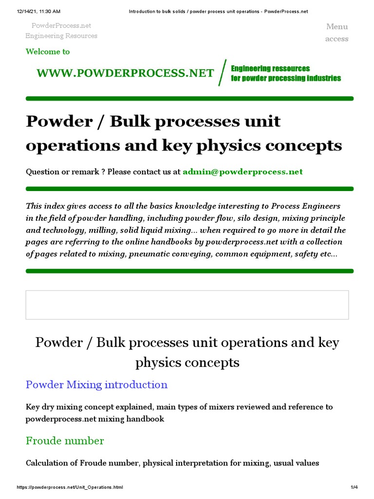 Powder / Bulk Processes Unit Operations and Key Physics Concepts | PDF ...