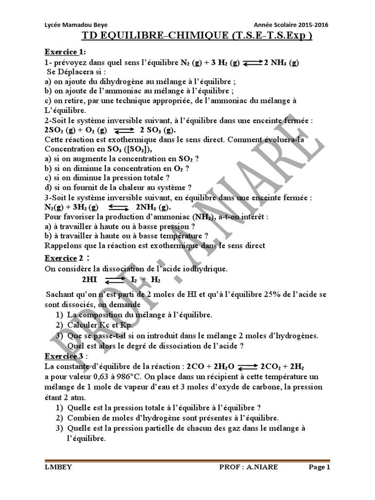 Exercices sur l'Équilibre Chimique | PDF | Équilibre chimique ...