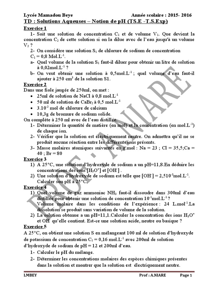 pH et Solutions Aqueuses: Exercices Corrigés | PDF | Ph | Concentration ...