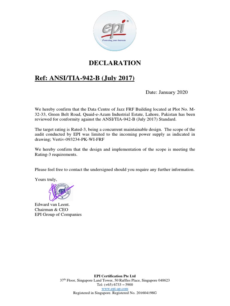 Declaration Ref: ANSI/TIA-942-B (July 2017) : Date: January 2020 | PDF