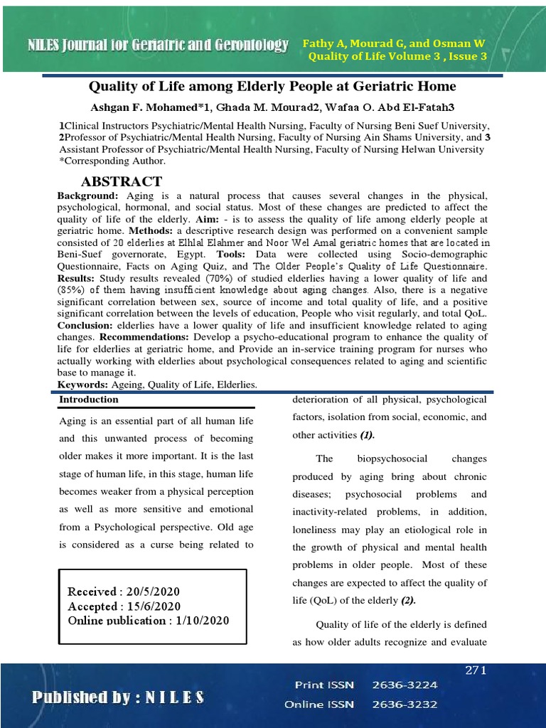 Quality of Life in Geriatric Homes | PDF | Ageing | Chronic Condition