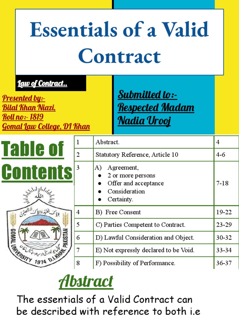 Essentials of valid contract by bilal khan roll no 1819 pdf