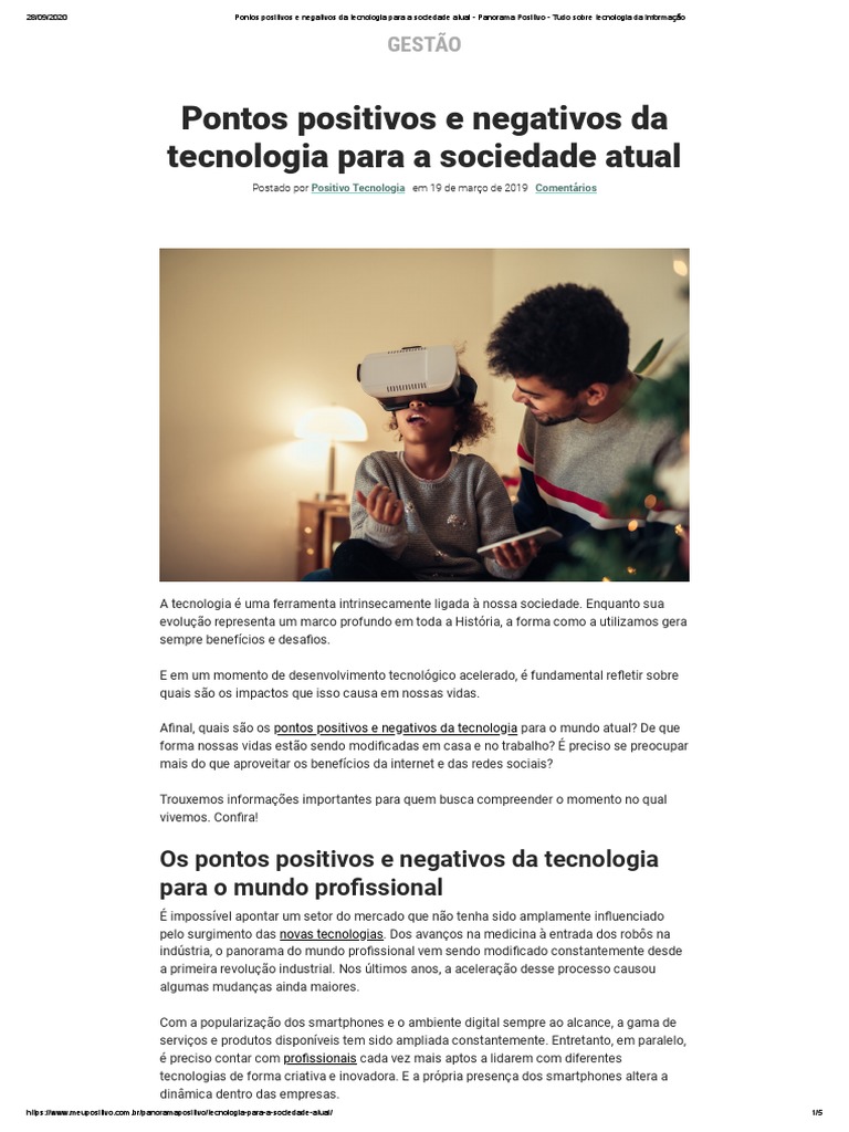 Pontos Positivos e Negativos Da Tecnologia para A Sociedade Atual ...