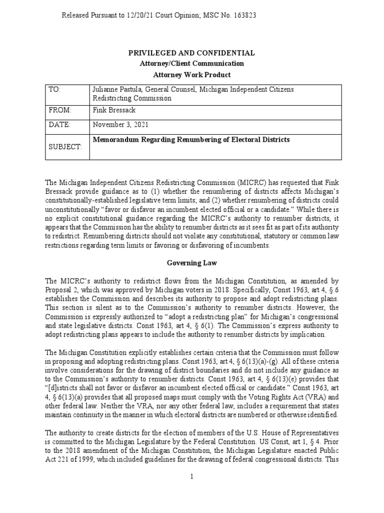 Legal Analysis of Michigan District Renumbering | PDF | Voting Rights ...