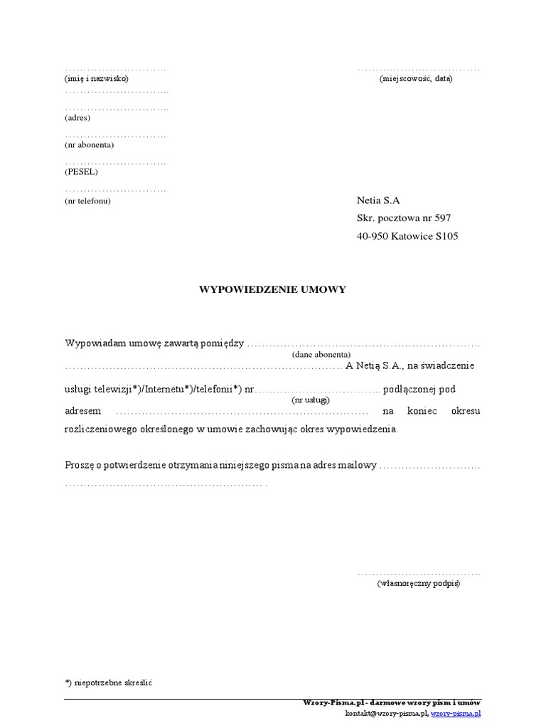 Wypowiedzenie Umowy Netia Wzor PDF