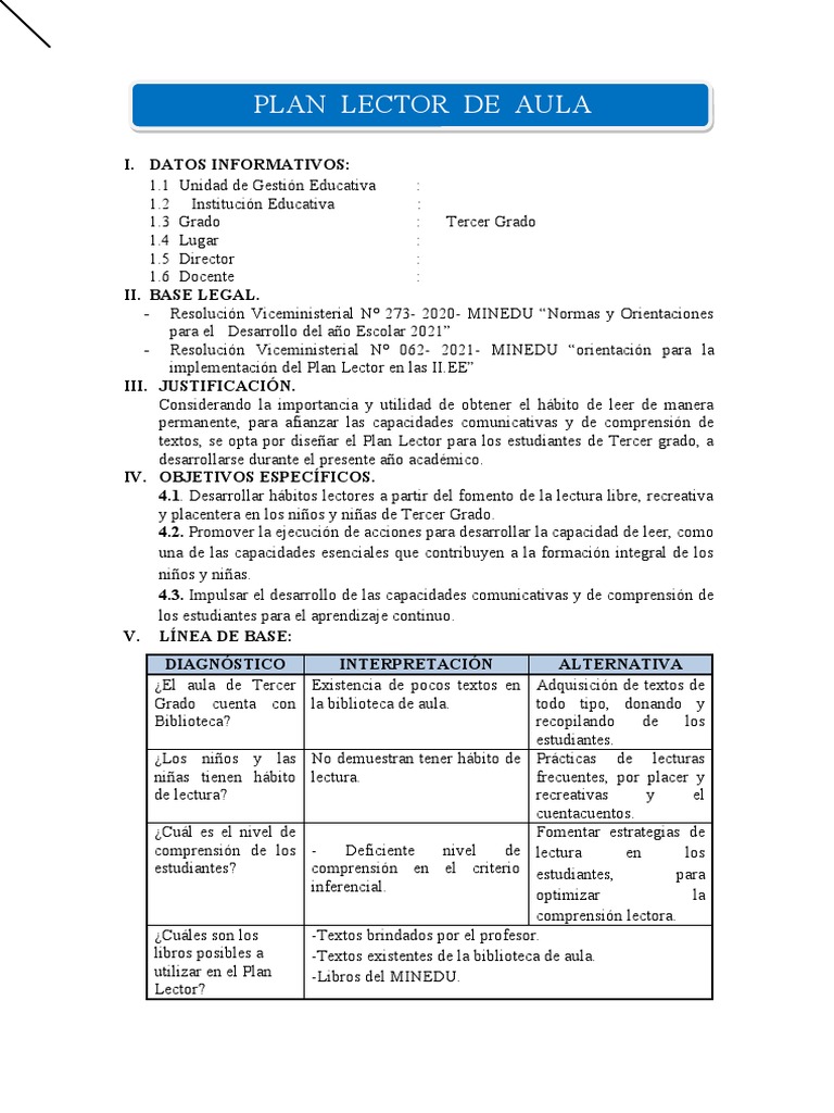 Plan Lector para Tercer Grado | PDF | Salón de clases | Comprensión lectora