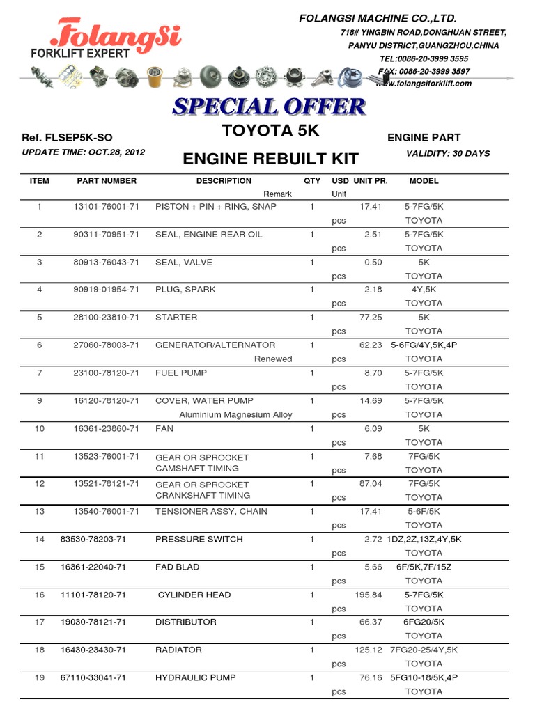 Toyota 5K Engine Parts List | PDF | Engines | Vehicle Parts
