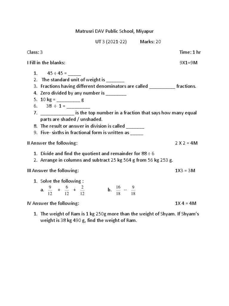 Class 3 Maths UT 3 Question Paper | PDF