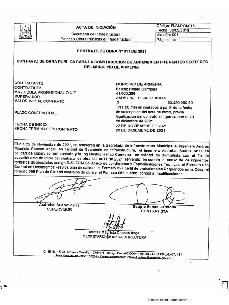 Acta de Inicio Contrato de Obra 011 | PDF
