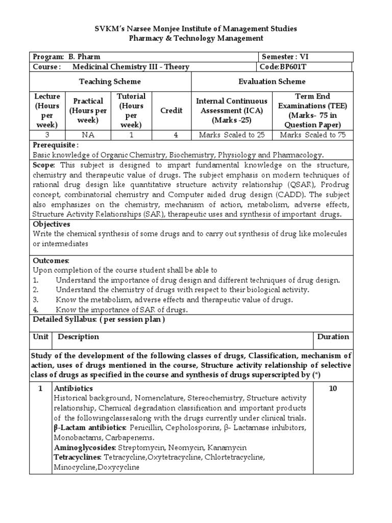 Medicinal Chemistry III Syllabus | PDF | Medicinal Chemistry | Drug Design