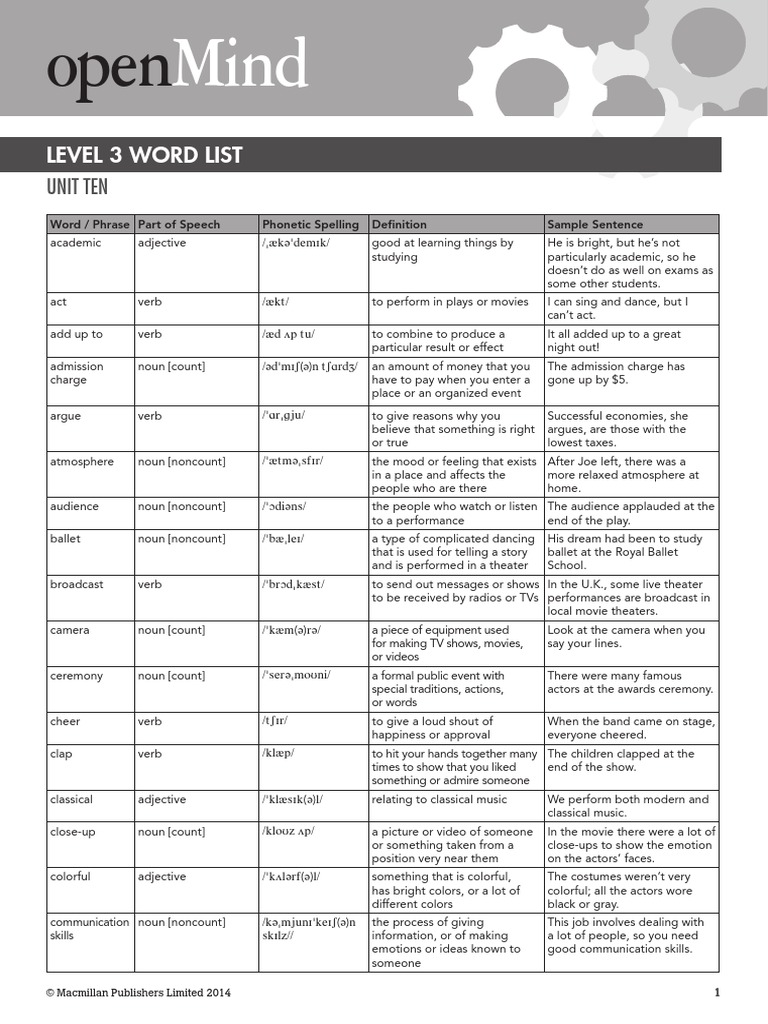 OpenMind 3 - Unit 10 - Word List | PDF | Noun | Adjective