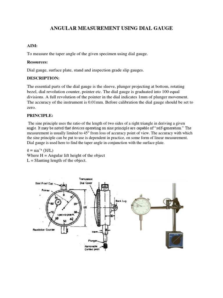 Angular Measurement Using Dial Gauge PDF Angle Sine