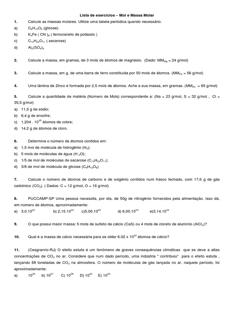 Lista de Exercicios - Mol e Massa Molar | PDF | Mol (unidade) | Dióxido ...